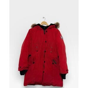 Canada Goose Kensington Parka Red Down Jacket Fur Hood Made in Canada Distressed